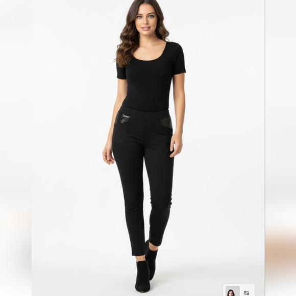 Alfani Pants - Alfani Pants Womens  Black Faux Leather Trim Pull On Front Seam Skinny  14 Petit